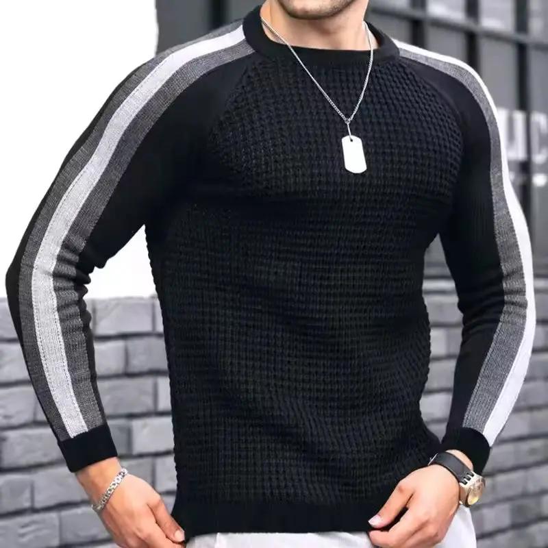 Men’s Sweater – Slim Fit – Wool Blend – Textured Knit – Ribbed Trim – Stripe Sleeve Black