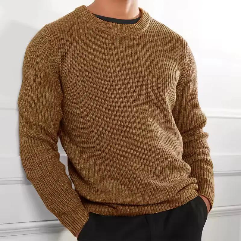 Men’s Knitted Sweater – Regular Fit – Wool Blend – O-Neck Ribbed Casual Pullover Brown