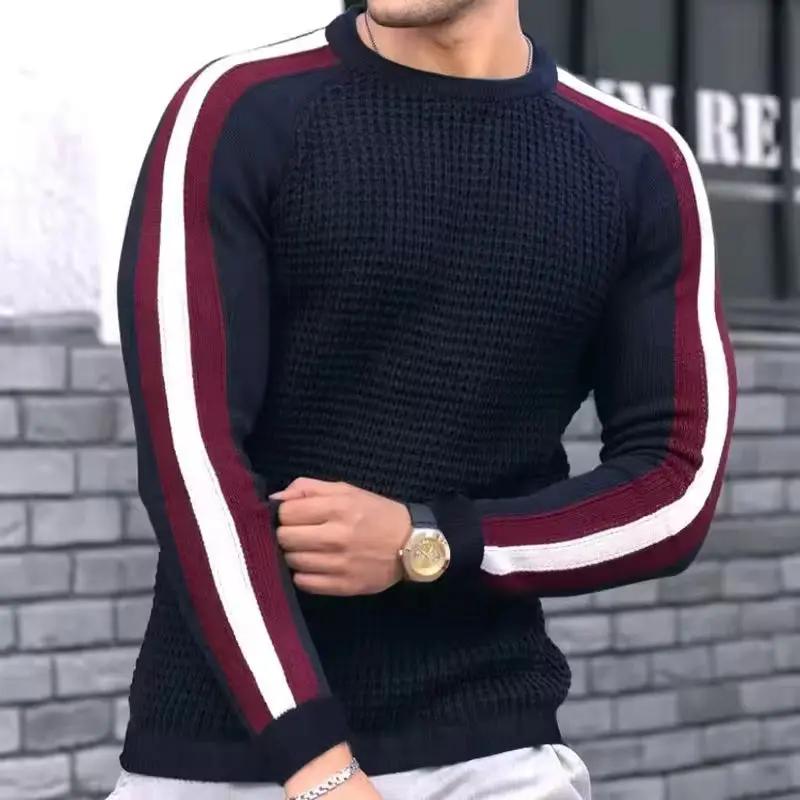 Men’s Sweater – Slim Fit – Wool Blend – Textured Knit – Ribbed Trim – Stripe Sleeve Blue