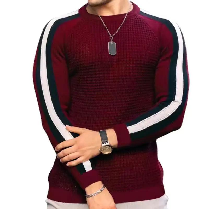 Men’s Sweater – Slim Fit – Wool Blend – Textured Knit – Ribbed Trim – Stripe Sleeve Red