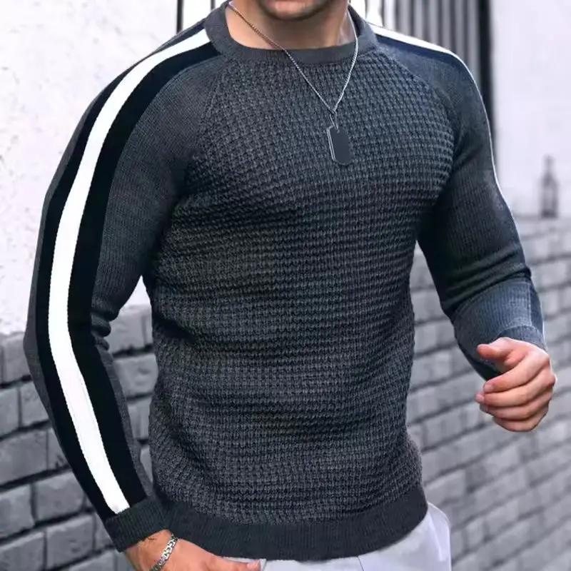 Men’s Sweater – Slim Fit – Wool Blend – Textured Knit – Ribbed Trim – Stripe Sleeve Grey