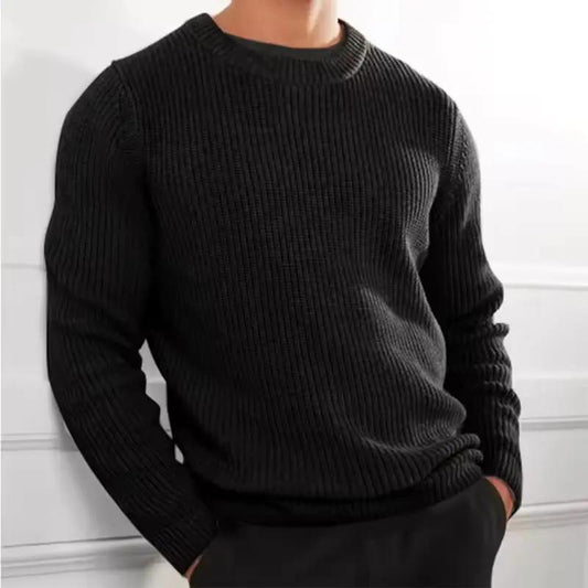 Men’s Knitted Sweater – Regular Fit – Wool Blend – O-Neck Ribbed Casual Pullover Black