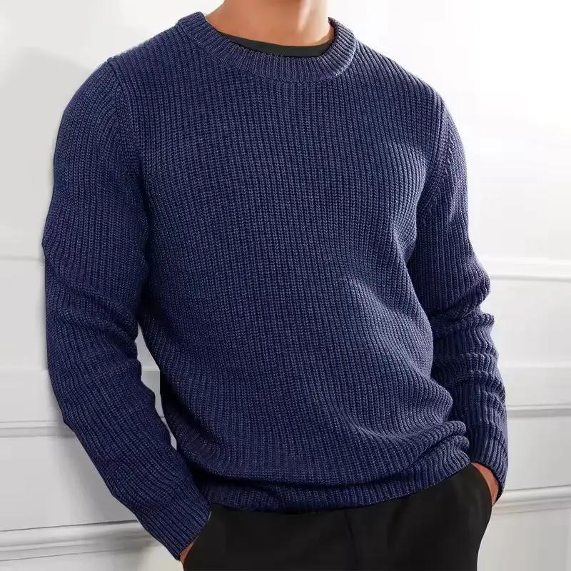 Men’s Knitted Sweater – Regular Fit – Wool Blend – O-Neck Ribbed Casual Pullover Blue