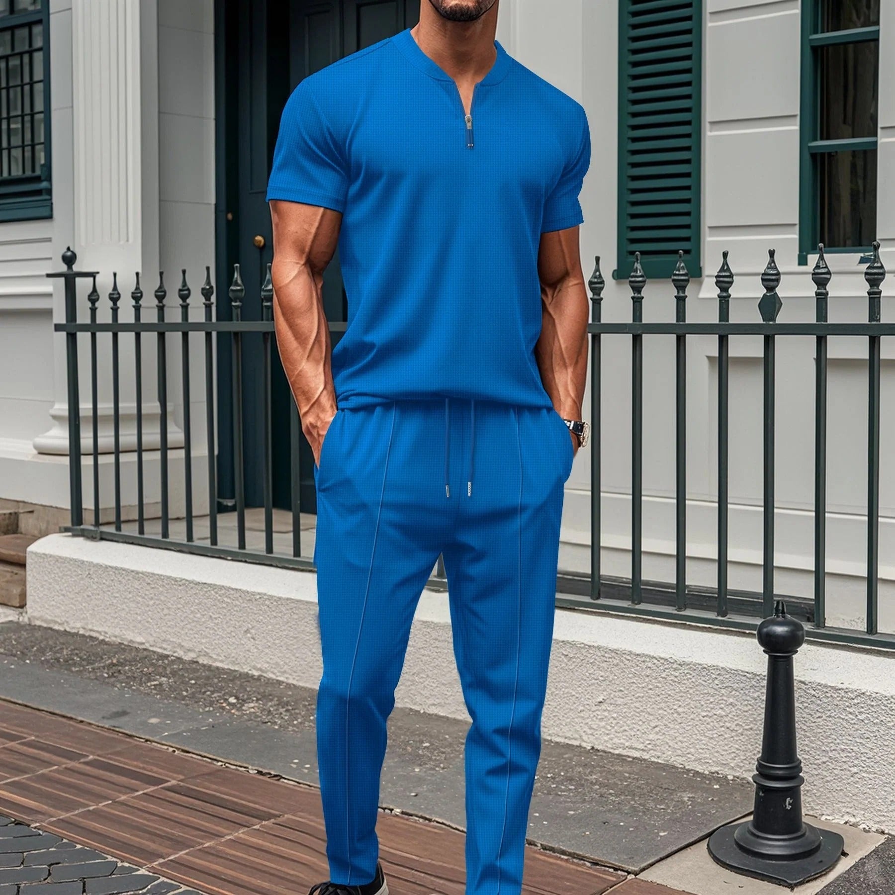 Men’s Fitness Set – Slim Fit – Stretch Fabric – Zipped Top and Joggers Blue