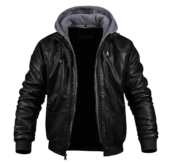 Men’s Leather Jacket – Slim Fit – Hooded with Drawstring – Zip Front – Ribbed Hem Black
