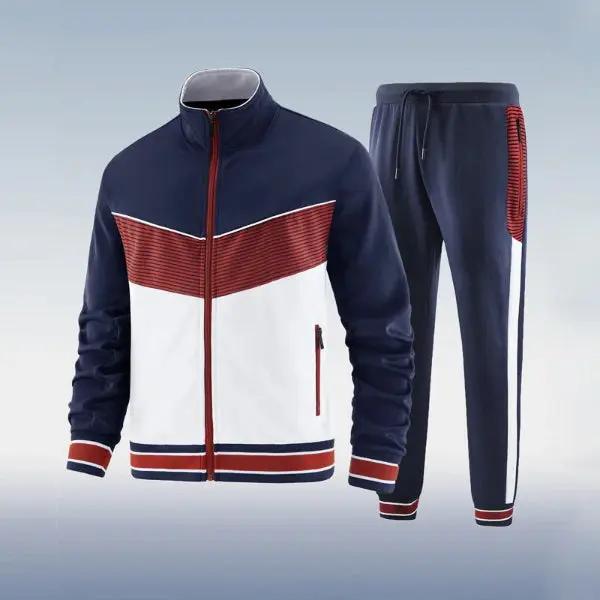 Men’s Two-Piece Tracksuit – Slim Fit – Full Zip Jacket with High Collar – Jogger Bottoms Dark Blue
