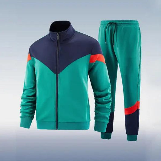 Men’s Two-Piece Tracksuit – Slim Fit – Full Zip Jacket with High Collar – Jogger Bottoms Green