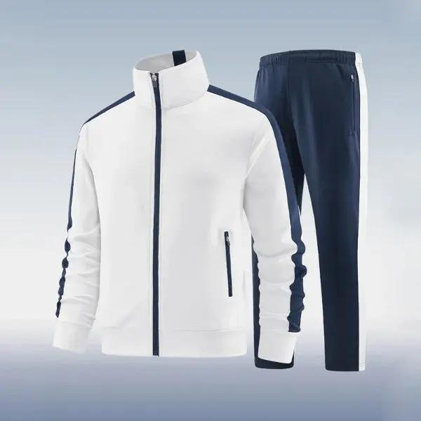 Men’s Two-Piece Tracksuit – Slim Fit – Full Zip Jacket with High Collar – Jogger Bottoms White