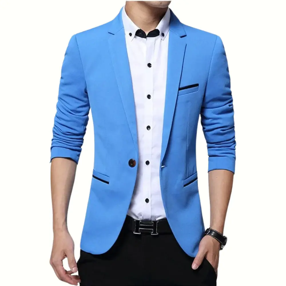 Men’s Blazer – Slim Fit – Single Breasted – Notched Lapel – Ruched ¾ Sleeve Light Blue
