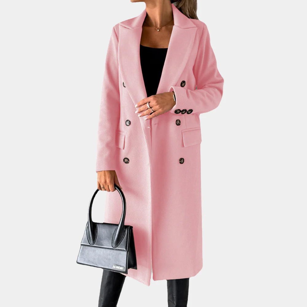 Women's Wool-Feel Trench Coat - Double-Breasted Tailored Fit - Edith Pink