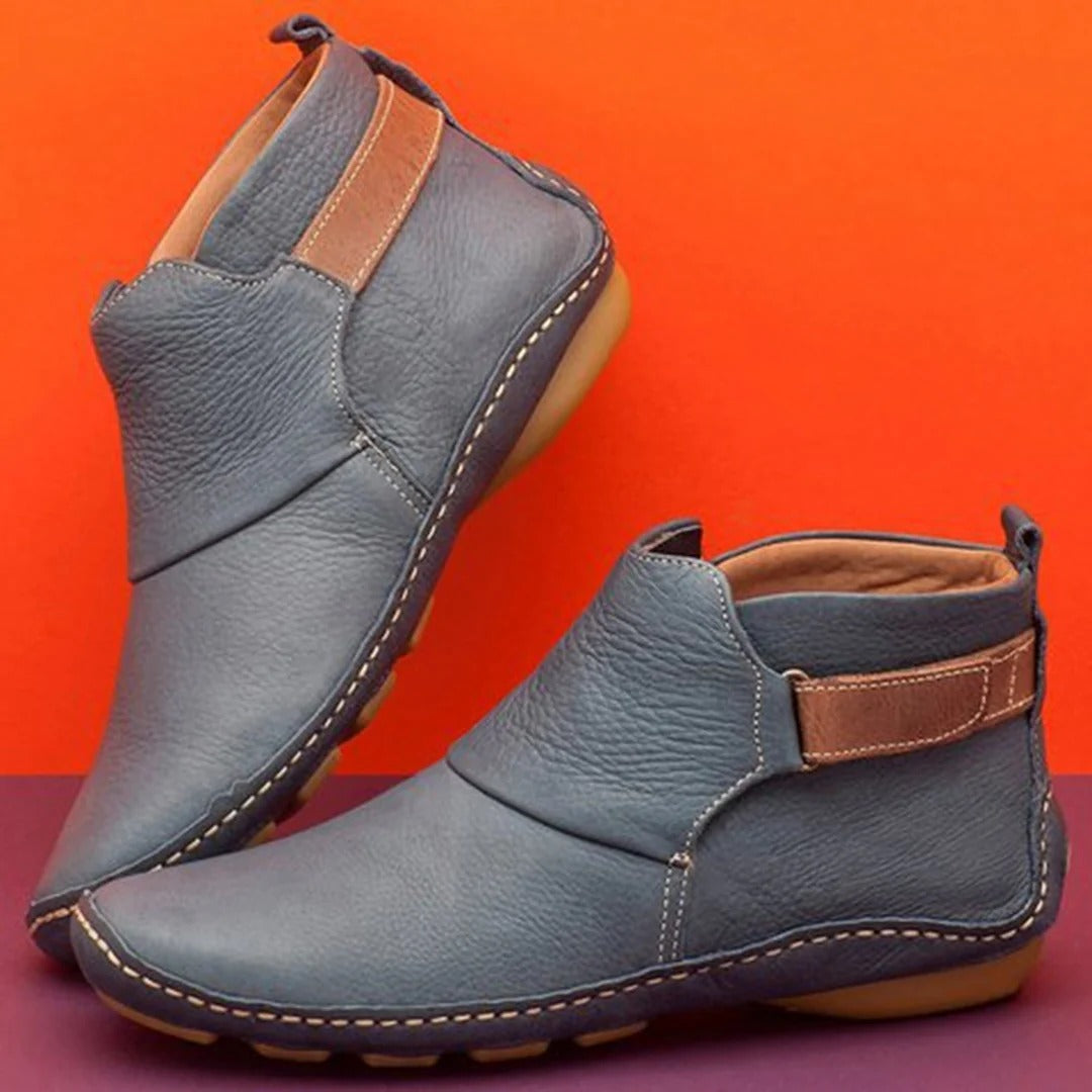 Leather Ankle Boots for Women, Rounded Toe, Buckle Strap - UrbanEdge Grey