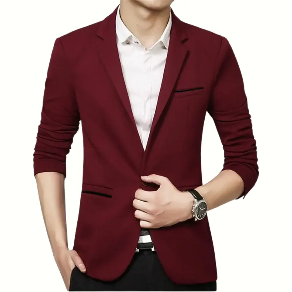 Men’s Blazer – Slim Fit – Single Breasted – Notched Lapel – Ruched ¾ Sleeve Red