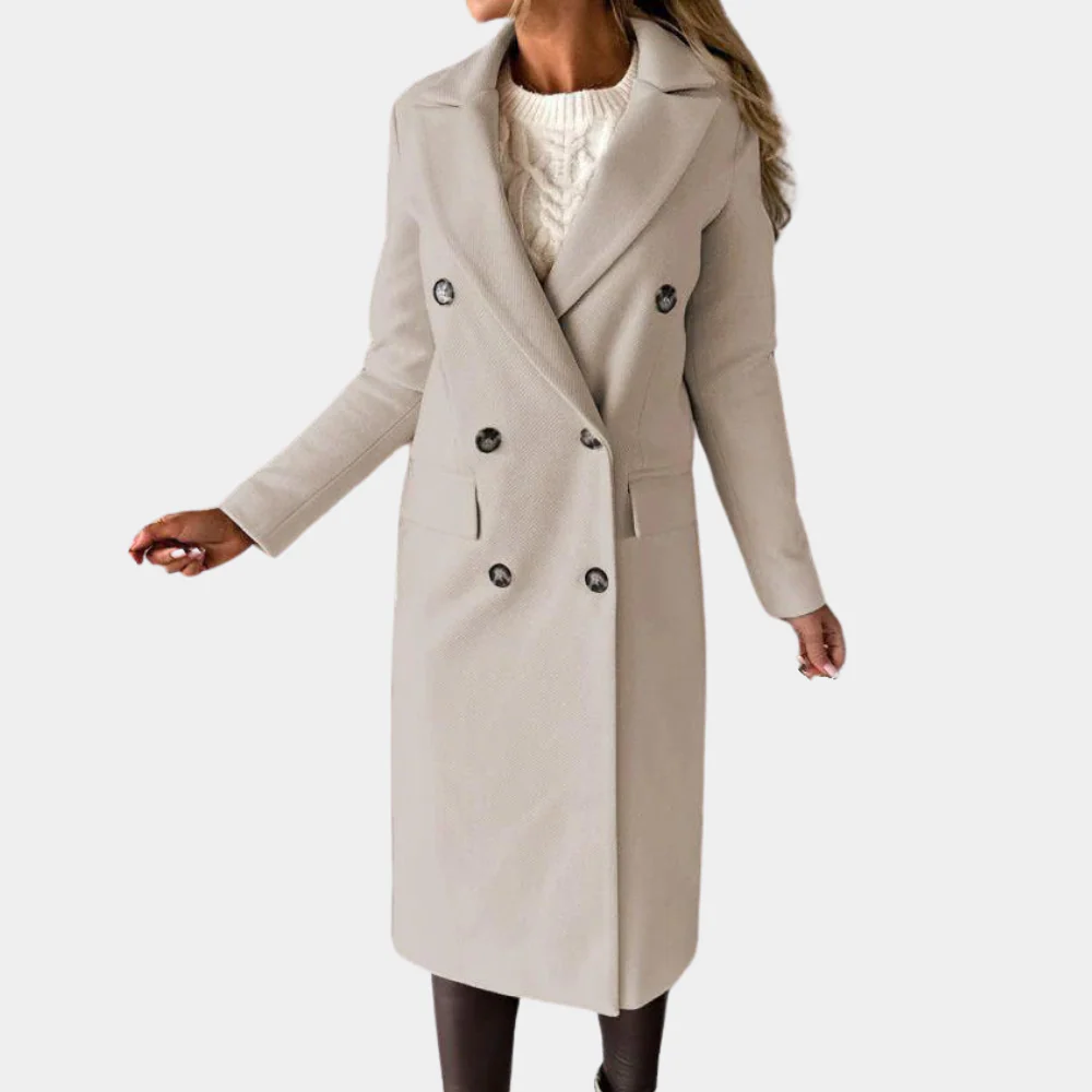 Women's Wool-Feel Trench Coat - Double-Breasted Tailored Fit - Edith Beige