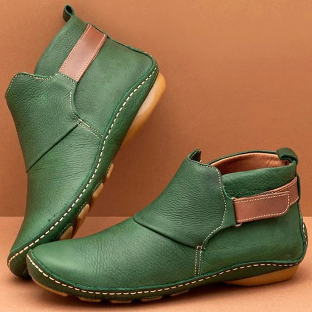 Leather Ankle Boots for Women, Rounded Toe, Buckle Strap - UrbanEdge Green
