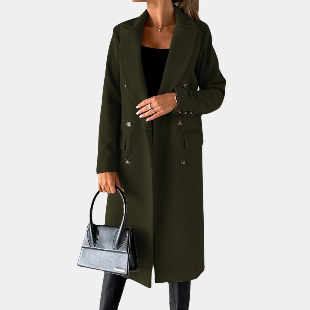 Women's Wool-Feel Trench Coat - Double-Breasted Tailored Fit - Edith Army Green