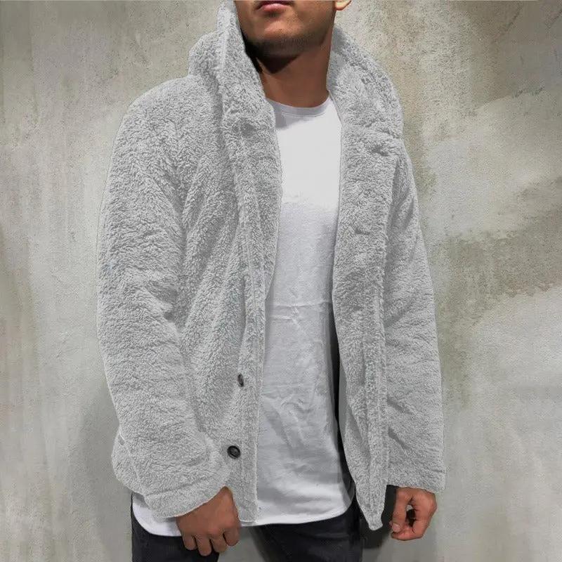 Men’s Hooded Jacket – Fleece Texture – Relaxed Fit – Button Front Casual Outerwear Gray