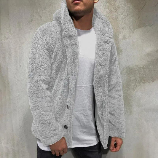 Men’s Hooded Jacket – Fleece Texture – Relaxed Fit – Button Front Casual Outerwear Gray