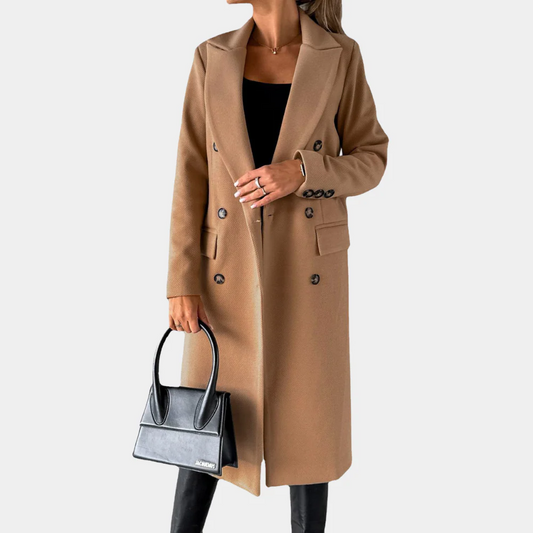 Women's Wool-Feel Trench Coat - Double-Breasted Tailored Fit - Edith Khaki