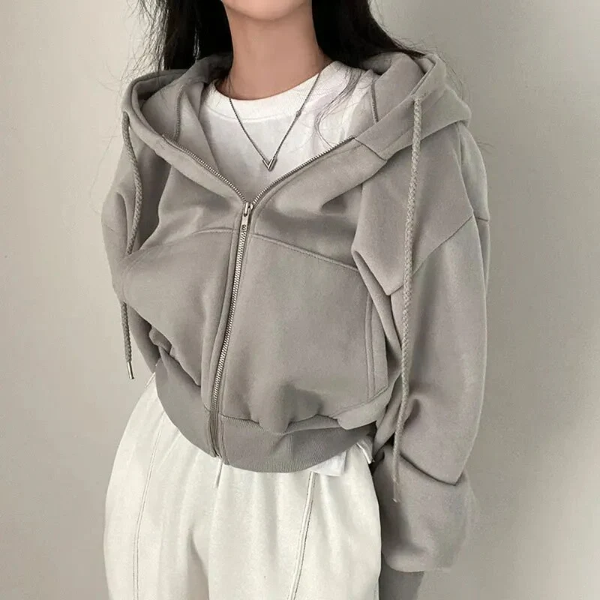 Women’s Cropped Zip-Up Hoodie – Oversized Fit – Cotton Blend – Drawstring and Pockets Dark Grey