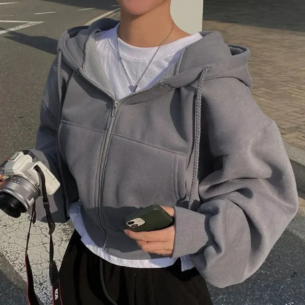 Women’s Cropped Zip-Up Hoodie – Oversized Fit – Cotton Blend – Drawstring and Pockets Grey White