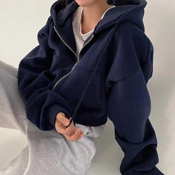 Women’s Cropped Zip-Up Hoodie – Oversized Fit – Cotton Blend – Drawstring and Pockets Dark Blue
