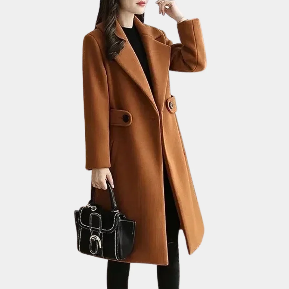 Women's Tailored Wool Trench Coat - Elegant Knee-Length Sara Coat Brown