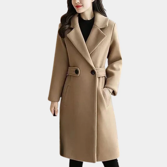 Women's Tailored Wool Trench Coat - Elegant Knee-Length Sara Coat Khaki