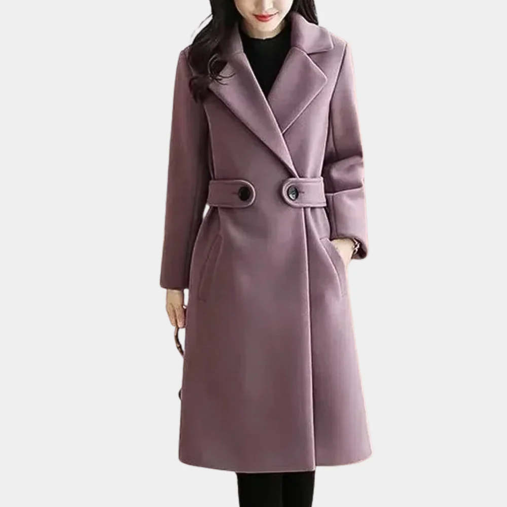 Women's Tailored Wool Trench Coat - Elegant Knee-Length Sara Coat Purple