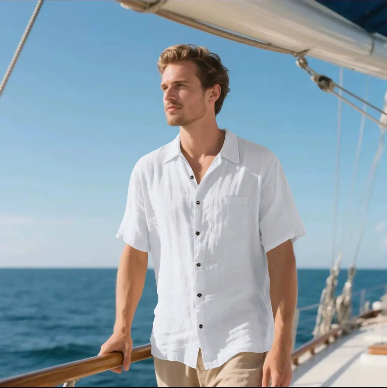 Men's Linen Shirt Relaxed Fit - Breezy Short Sleeve - CoastalCool White