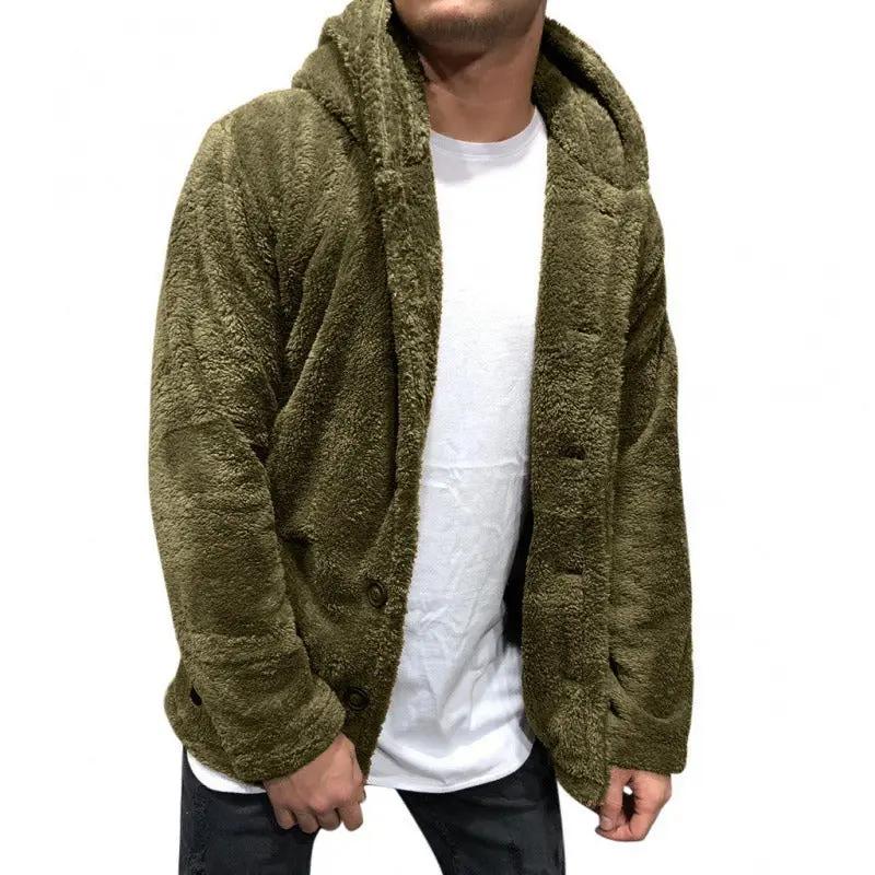 Men’s Hooded Jacket – Fleece Texture – Relaxed Fit – Button Front Casual Outerwear Olive Green