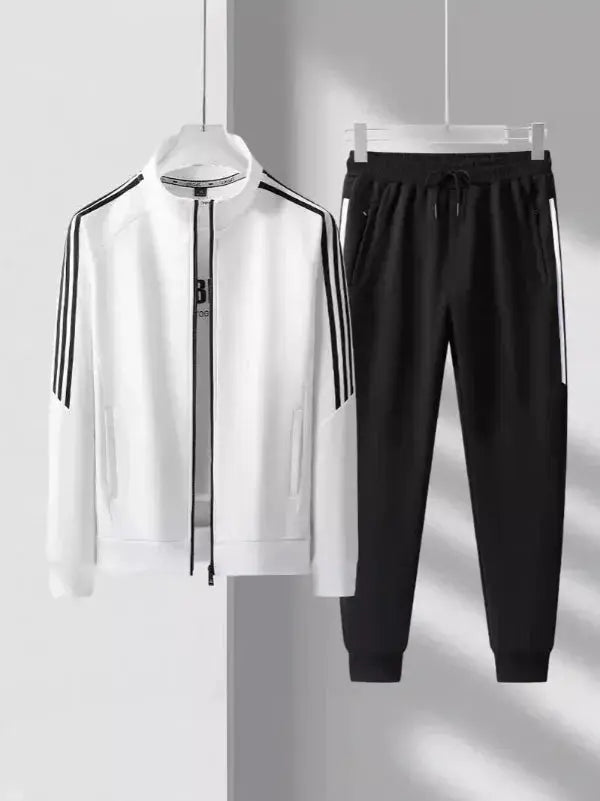 Men’s Tracksuit Set – Regular Fit – High Collar Jacket – Tapered Jogger – Striped Trim White