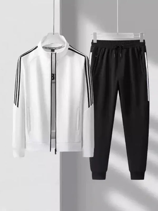 Men’s Tracksuit Set – Regular Fit – High Collar Jacket – Tapered Jogger – Striped Trim White
