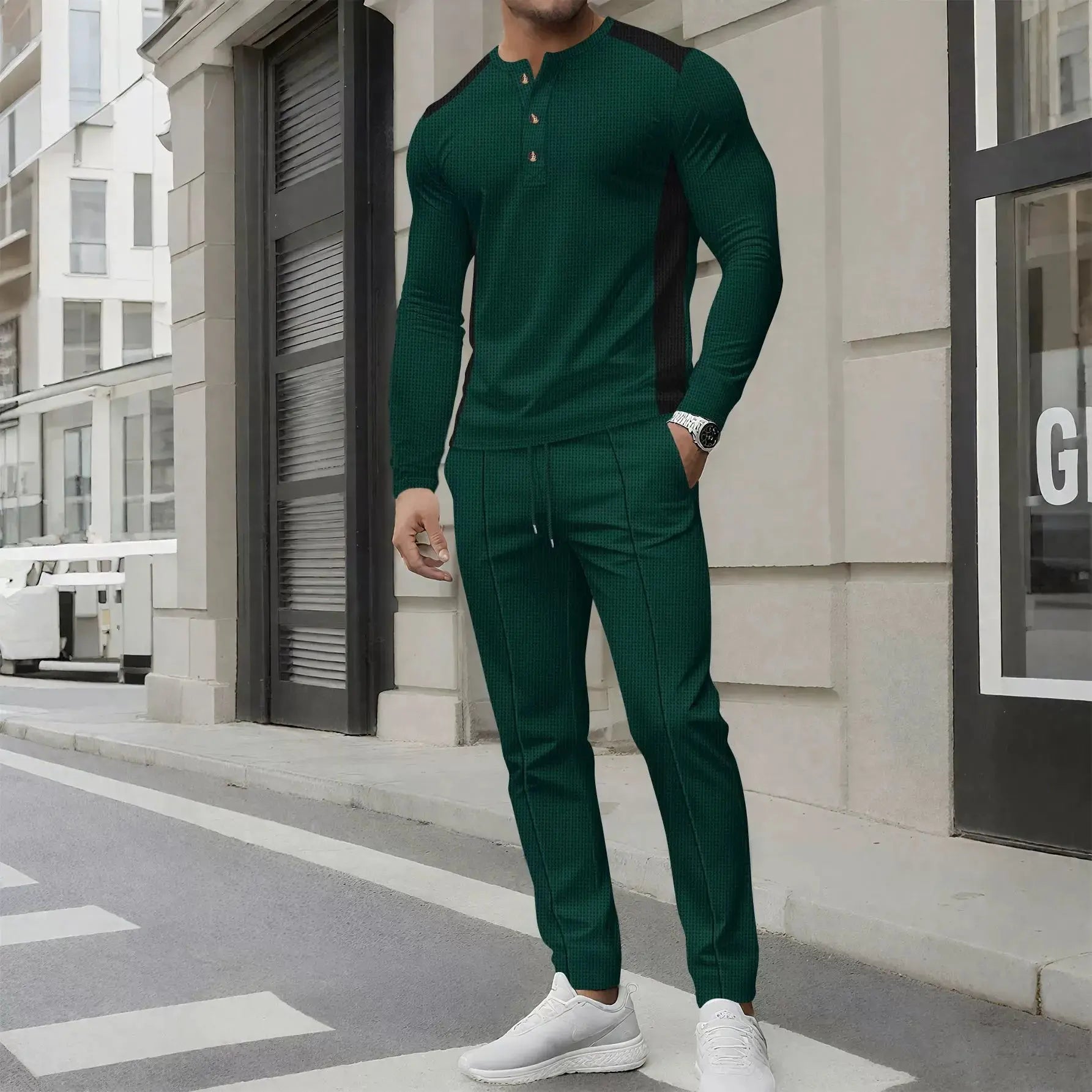 Men’s Two-Piece Set – Slim Fit Henley Shirt and Pants – Waffle Knit – Long Sleeve Green