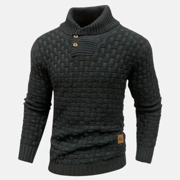 Men’s Knit Sweater – Wool Blend – Regular Fit – Shawl Collar – Button Neck – Textured Weave Black