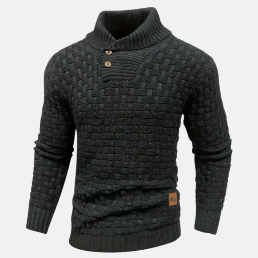 Men’s Knit Sweater – Wool Blend – Regular Fit – Shawl Collar – Button Neck – Textured Weave Black