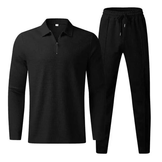Men’s Two-Piece Set – Regular Fit – Long Sleeve Zip Top – Tapered Leg – Cotton Blend Black