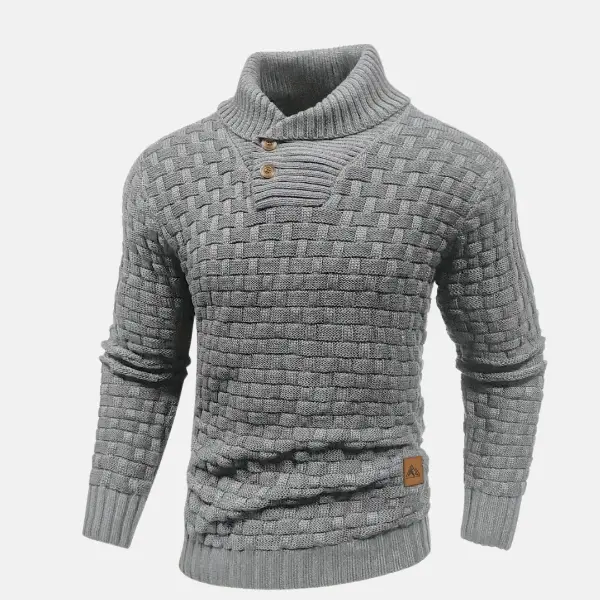 Men’s Knit Sweater – Wool Blend – Regular Fit – Shawl Collar – Button Neck – Textured Weave Grey