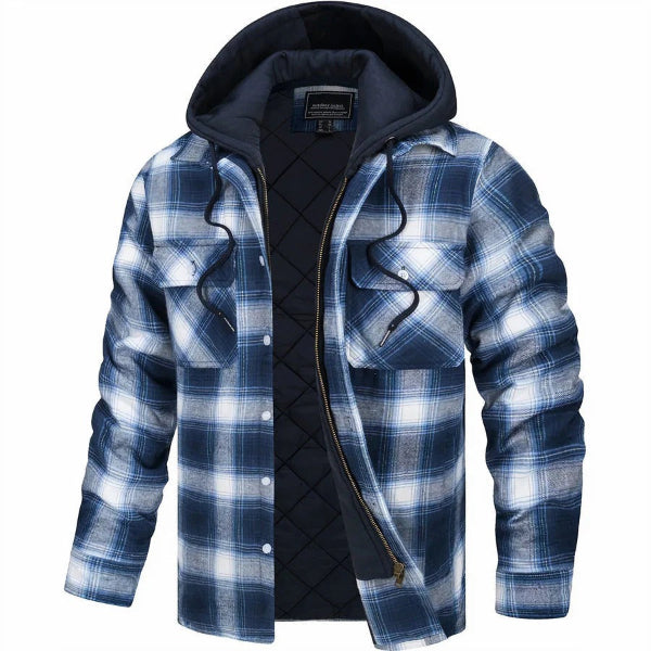 Men’s Bomber Jacket – Quilted Lining – Plaid Pattern – Hooded – Casual Fit Zip Front Sky Blue