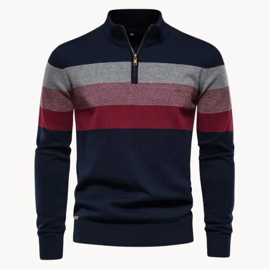 Men’s Quarter-Zip Sweater – Slim Fit – Wool Blend Knit – Ribbed Trim – Striped Chest Dark Blue