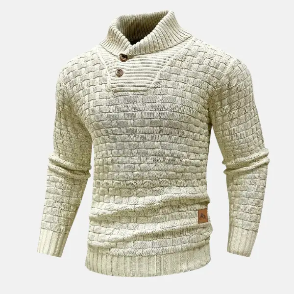 Men’s Knit Sweater – Wool Blend – Regular Fit – Shawl Collar – Button Neck – Textured Weave White