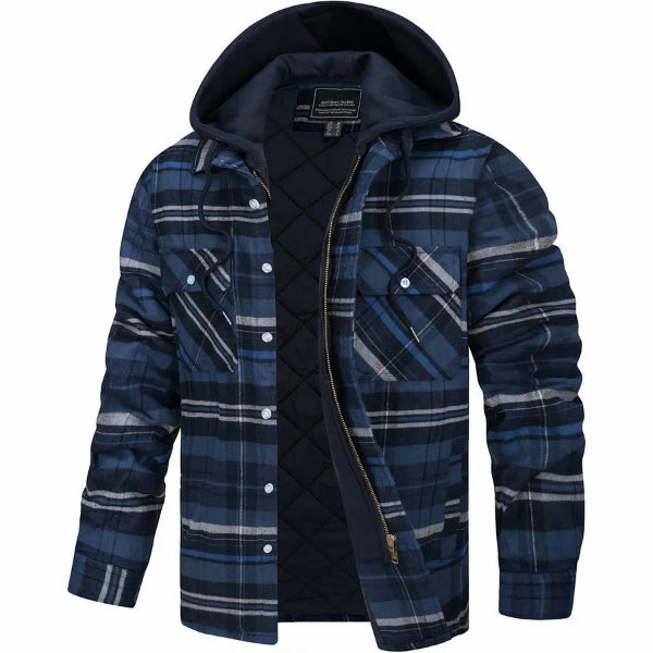 Men’s Bomber Jacket – Quilted Lining – Plaid Pattern – Hooded – Casual Fit Zip Front Dark Blue