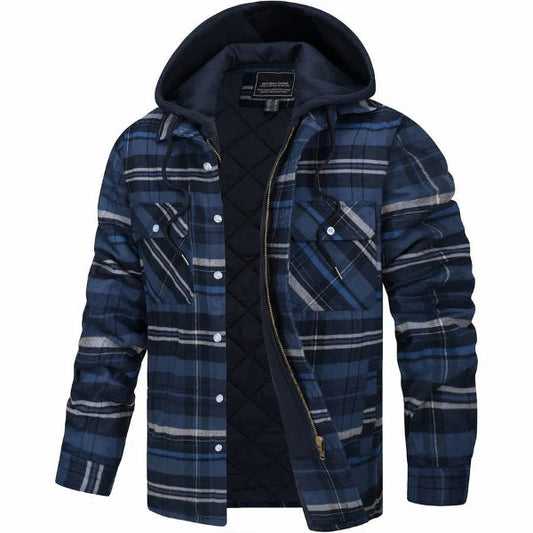 Men’s Bomber Jacket – Quilted Lining – Plaid Pattern – Hooded – Casual Fit Zip Front Dark Blue