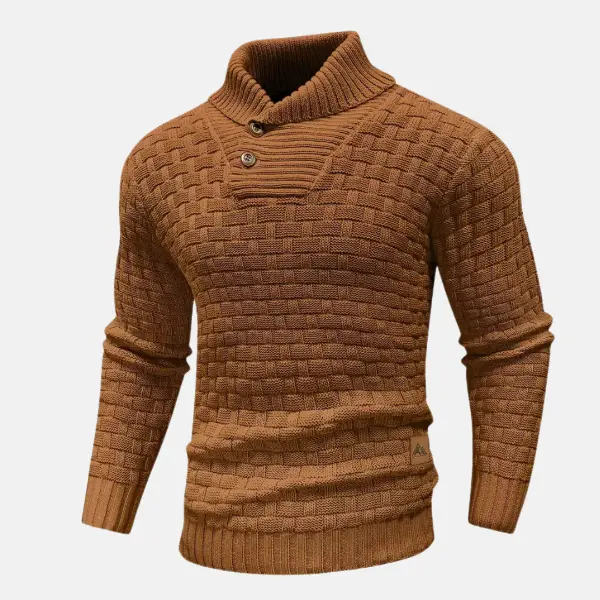 Men’s Knit Sweater – Wool Blend – Regular Fit – Shawl Collar – Button Neck – Textured Weave Brown