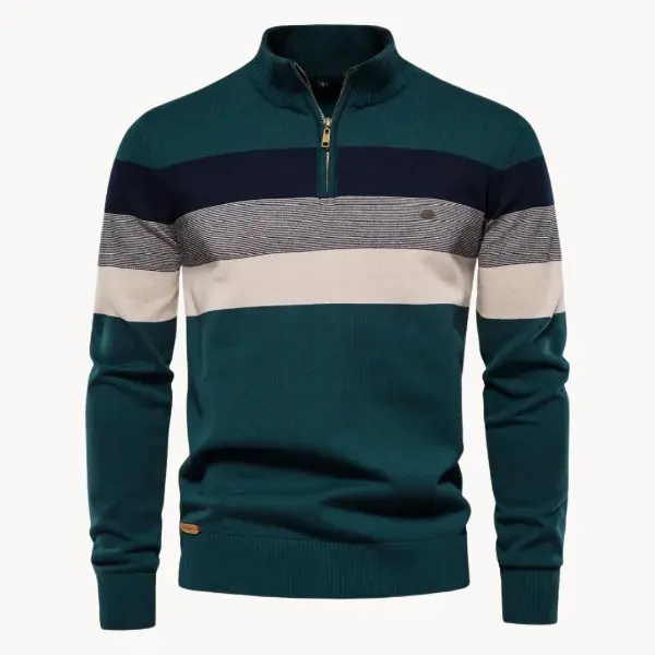 Men’s Quarter-Zip Sweater – Slim Fit – Wool Blend Knit – Ribbed Trim – Striped Chest Dark Green