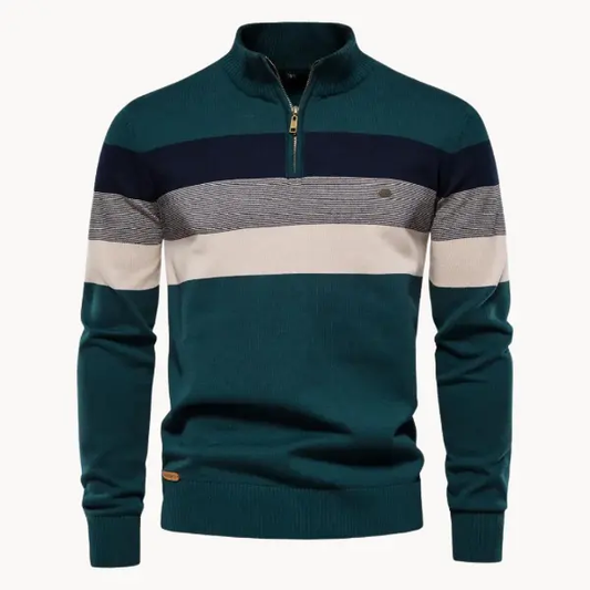 Men’s Quarter-Zip Sweater – Slim Fit – Wool Blend Knit – Ribbed Trim – Striped Chest Dark Green