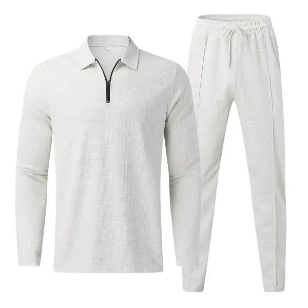 Men’s Two-Piece Set – Regular Fit – Long Sleeve Zip Top – Tapered Leg – Cotton Blend White