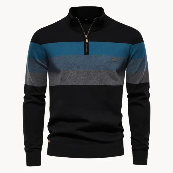 Men’s Quarter-Zip Sweater – Slim Fit – Wool Blend Knit – Ribbed Trim – Striped Chest Black