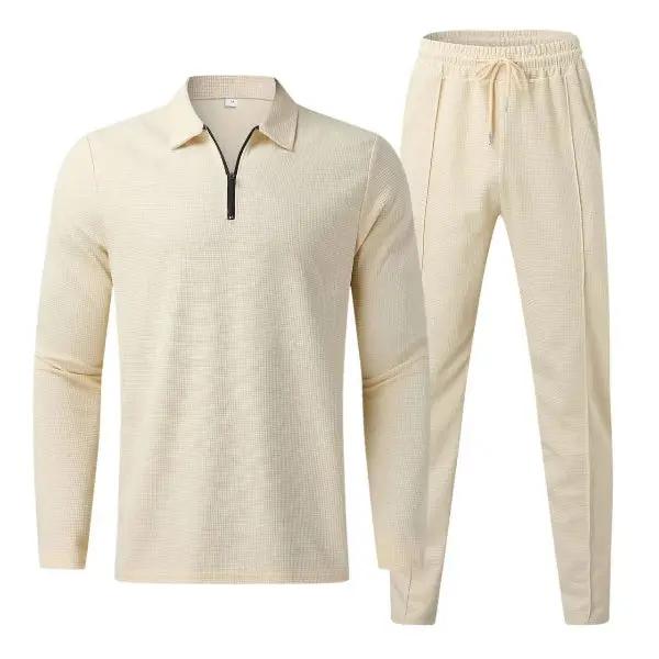 Men’s Two-Piece Set – Regular Fit – Long Sleeve Zip Top – Tapered Leg – Cotton Blend Cream