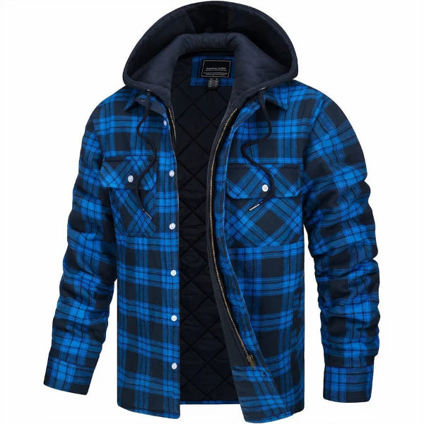 Men’s Bomber Jacket – Quilted Lining – Plaid Pattern – Hooded – Casual Fit Zip Front Blue