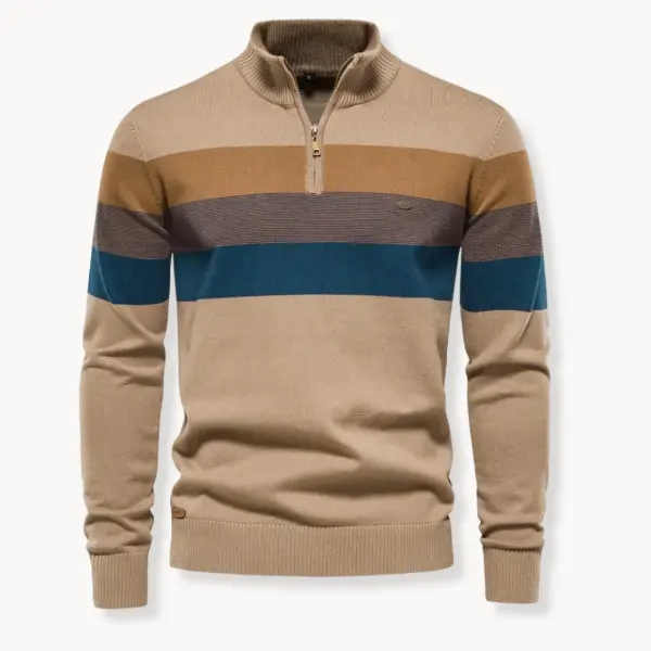 Men’s Quarter-Zip Sweater – Slim Fit – Wool Blend Knit – Ribbed Trim – Striped Chest Brown